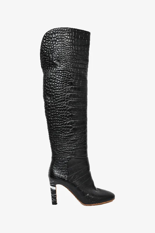 stylish platform sandals for women’s summer wear -Gabriela Hearst Black Croc Embossed Knee High 'Linda' Boots with Swirl Marble Heel Size 38.5