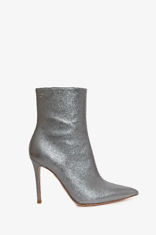 women’s cozy shoes for indoor wear -Gianvito Rossi Silver Metallic Leather Ankle Boots Size 40