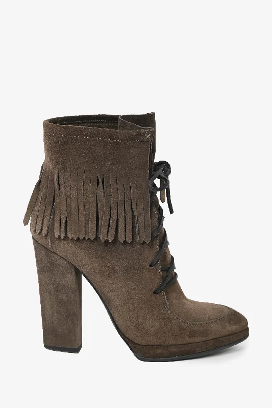 comfortable flats for women’s everyday use -Giuseppe Zanotti Brown Suede Fringe Lace-Up Heeled Boots Size 38.5