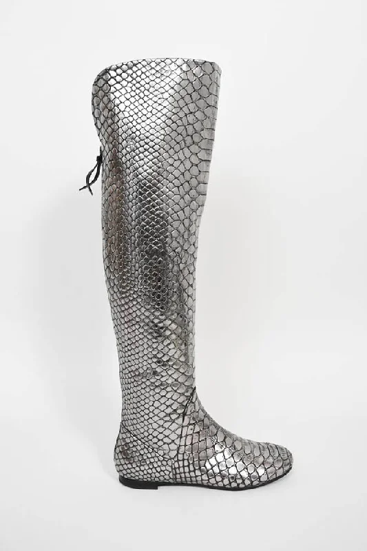 luxury shoes for women’s date nights -Giuseppe Zanotti Silver Metallic Croc Embossed Over The Knee Boots Size 36