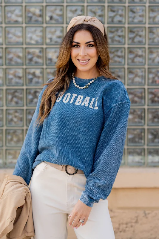 women’s stylish outerwear for chilly days -Football Ribbed Graphic Crewneck