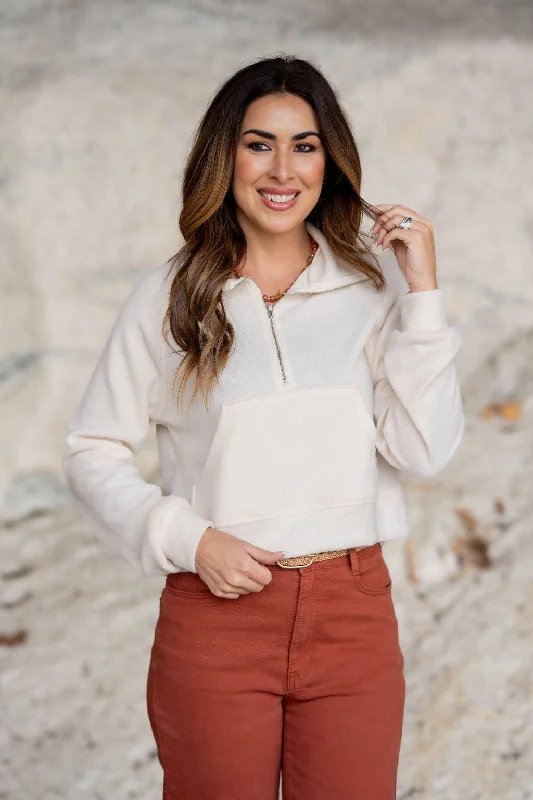 trendy women’s shirts for business attire -Front Pocket Quarter Zip Pullover