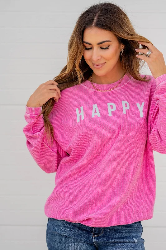 stylish tunics for women’s casual looks -Happy Ribbed Graphic Crewneck