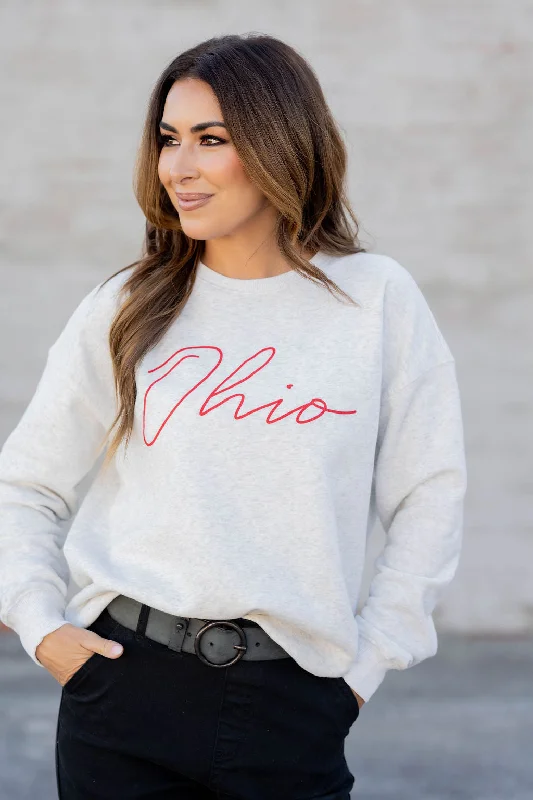 women’s trendy tops for casual days -Heathered Cursive Ohio Graphic Crewneck