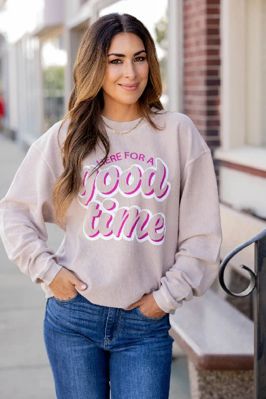 cozy women’s sweaters for chilly days -Here For A Good Time Ribbed Graphic Crewneck