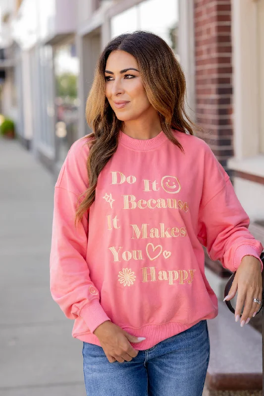 casual dresses for women’s vacation outfits -Makes You Happy Embroidered Graphic Crewneck