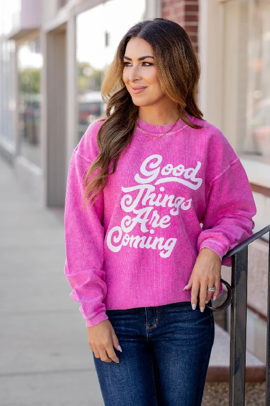 trendy women’s jackets for outdoor adventures -Retro Here For A Good Time Ribbed Graphic Crewneck