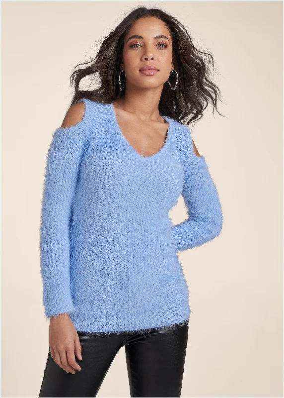 elegant women’s dresses for business dinners -Cutout Eyelash Sweater - Light Blue