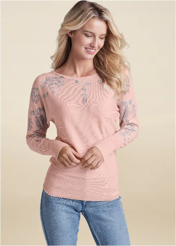 trendy tops for women’s street style -Floral Detail Sweater - Pink