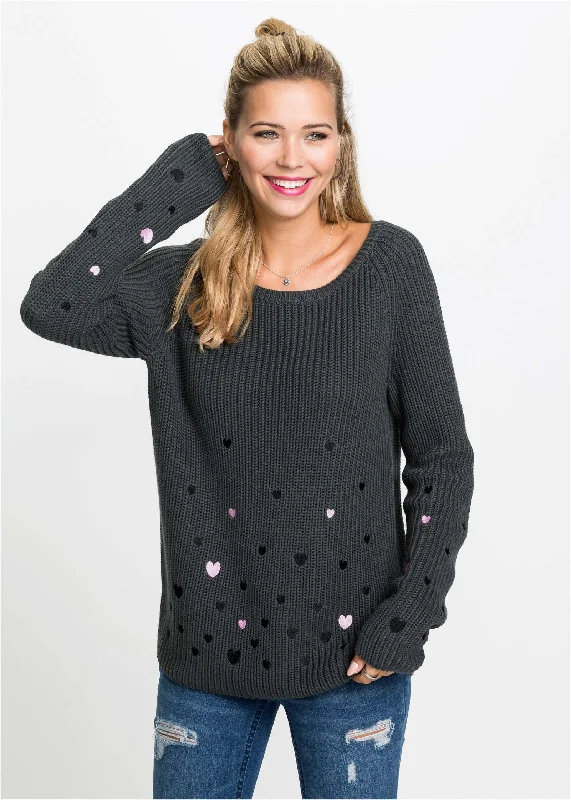 women’s trendy tops for active days -Heart Embroidered Sweater - Dark Grey