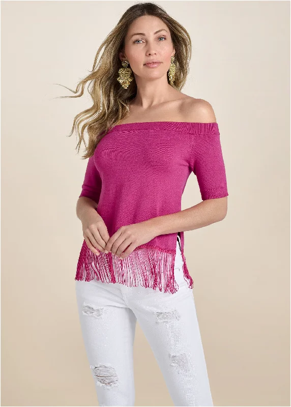 elegant dresses for women’s special celebrations -Off-The-Shoulder Sweater - Fuchsia