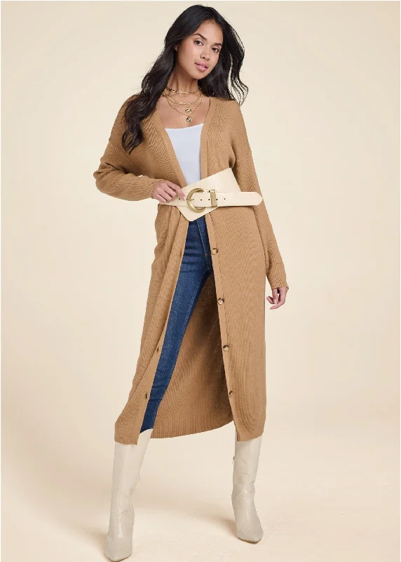 women’s trendy shirts for work or play -Ribbed Button Front Duster  - Camel