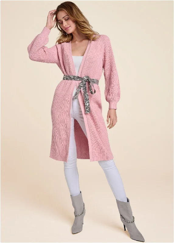 women’s stylish cardigans for 2025 trends -Knit Duster With Sequin Belt - Pink