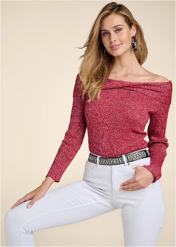 trendy tops for women’s street style -Shimmer Twist-Front Sweater - Red Multi