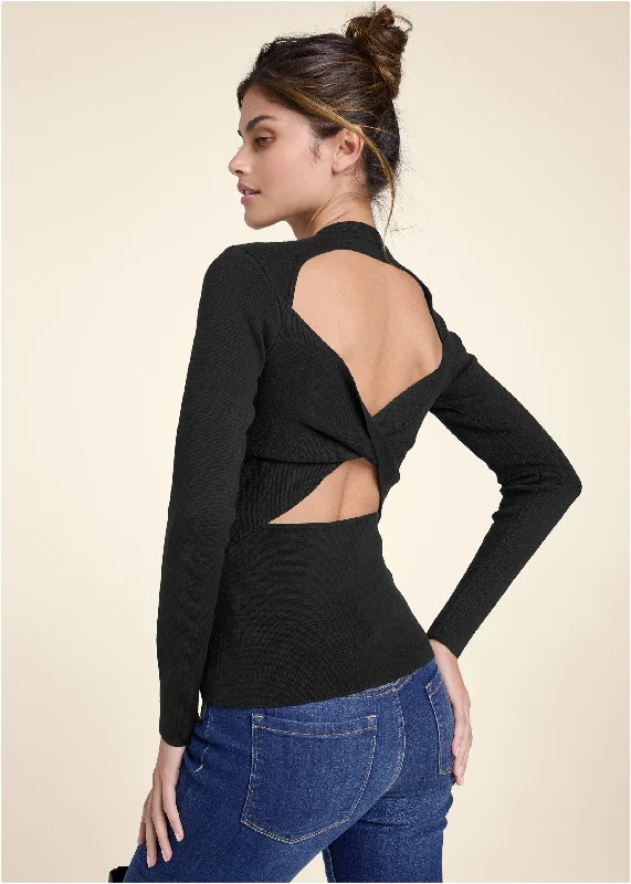 cozy women’s cardigans for winter fashion -Twisted Cutout Back Detail Sweater - Black