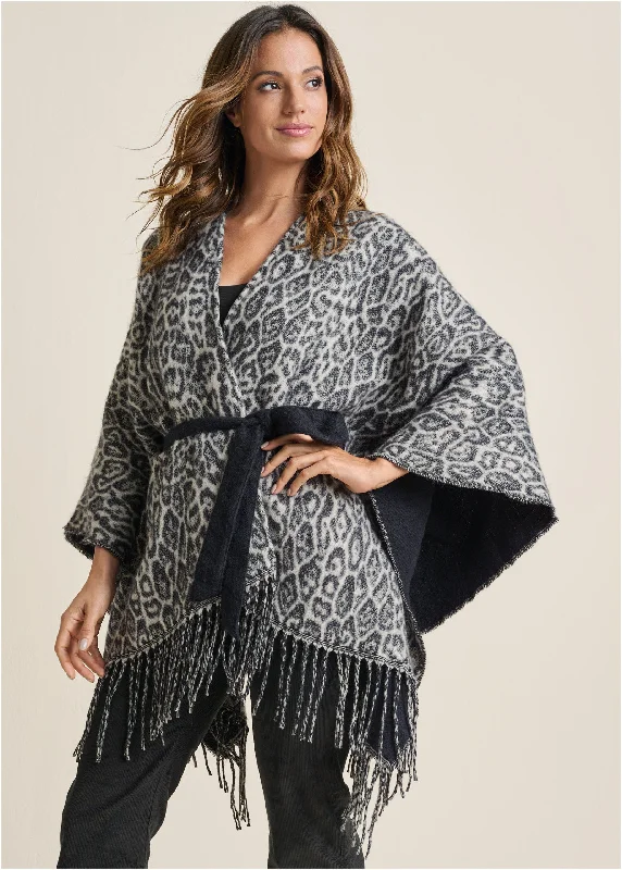 women’s flattering dresses for evening parties -Leopard Wrap Knit Cape - Snow Leopard