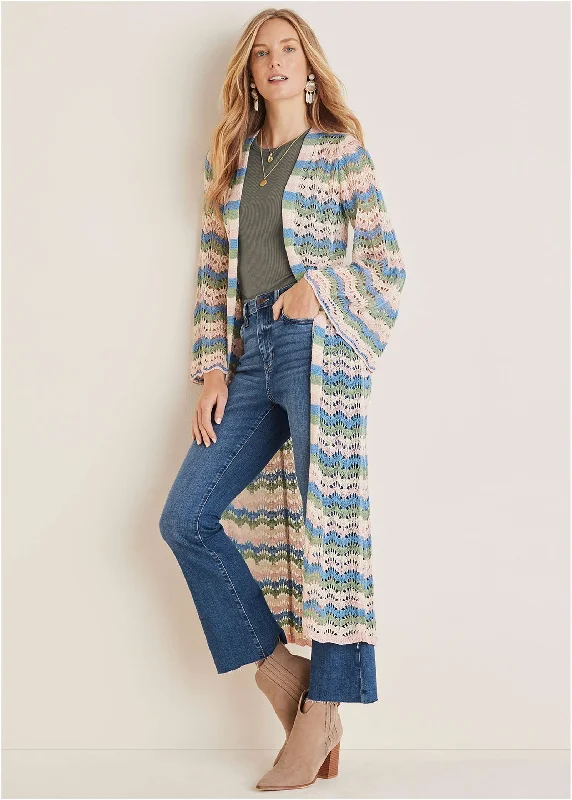 cozy women’s sweaters for chilly days -Pointelle Striped Duster - Stripe Multi