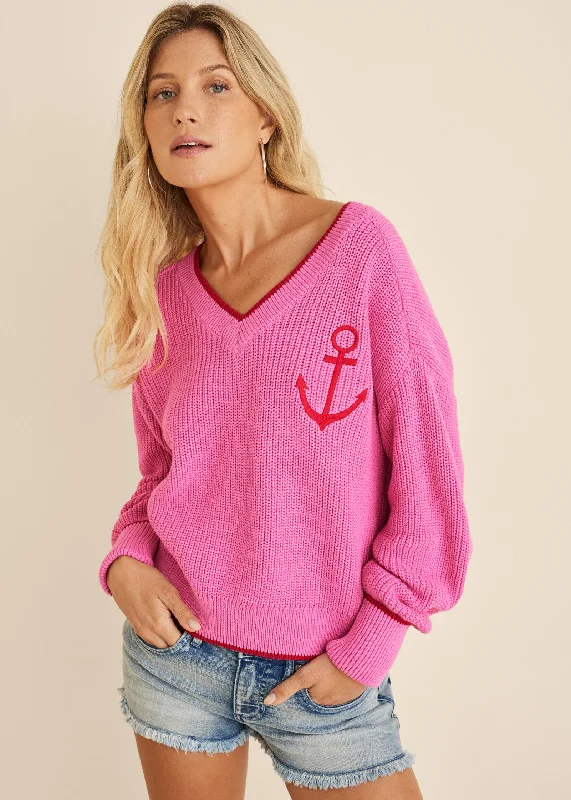 cozy women’s coats for cold winter days -Anchor V-Neck Sweater - Hot Pink