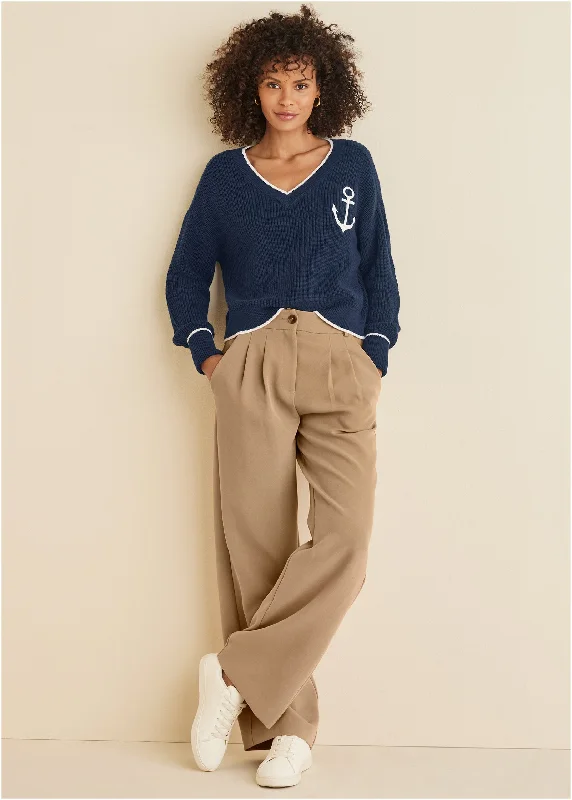 fashionable sweaters for women’s cold weather -Anchor V-Neck Sweater - Navy & White