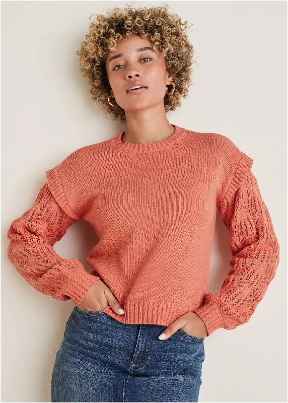 trendy women’s jackets for outdoor adventures -Pointelle Sleeve Crew Neck - Burnt Coral