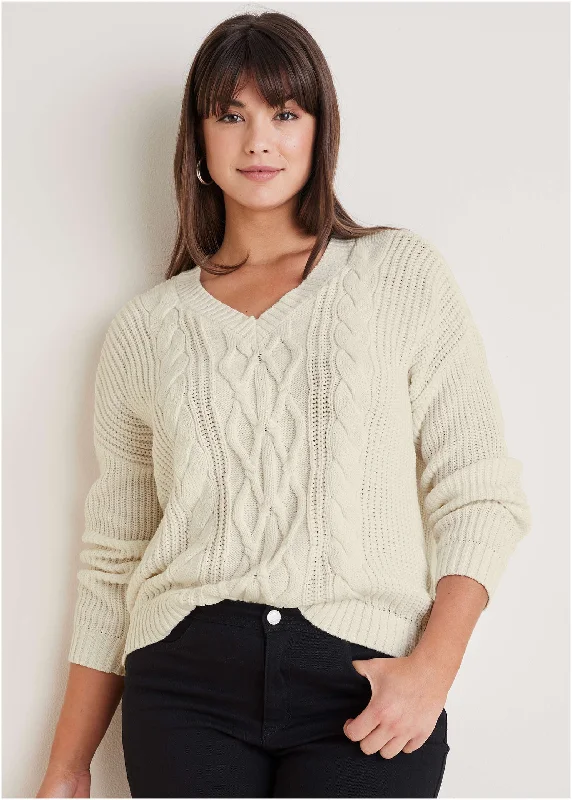 women’s cozy cardigans for layering in winter -Cable Knit Sweater - Off White