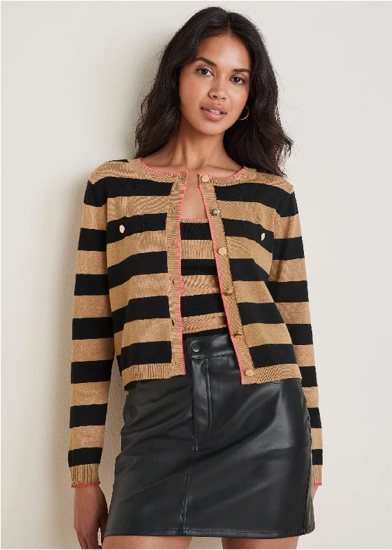 chic blazers for women’s fall wardrobe -Stripe Cardigan Set - Black & Tan