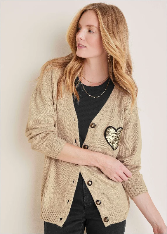 elegant dresses for women’s special celebrations -Sequin Heart Cardigan - Oatmeal Multi