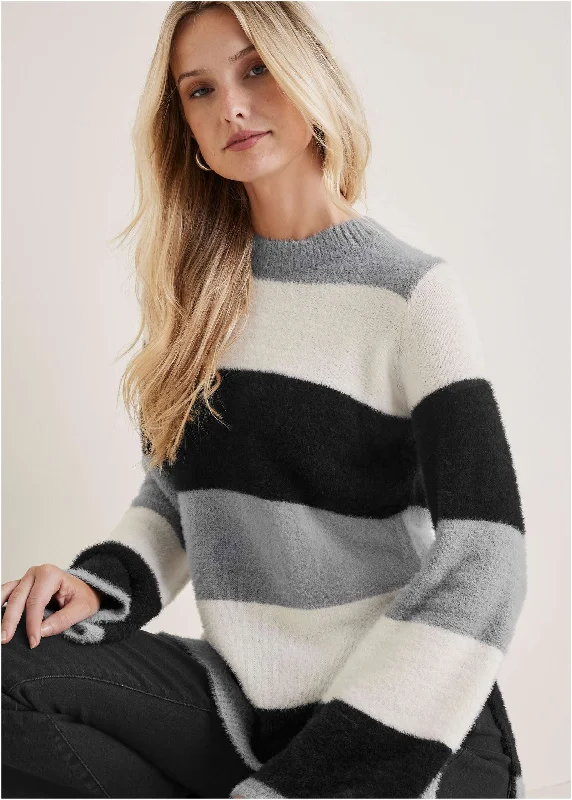 trendy women’s skirts for summer outfits -Eyelash Striped Sweater  - Black & White