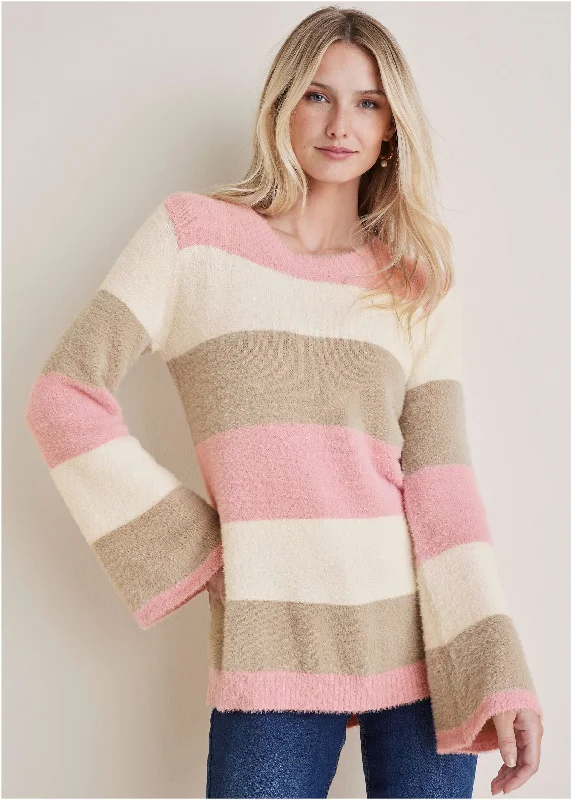 elegant women’s dresses for formal events -Eyelash Striped Sweater  - Pink Multi