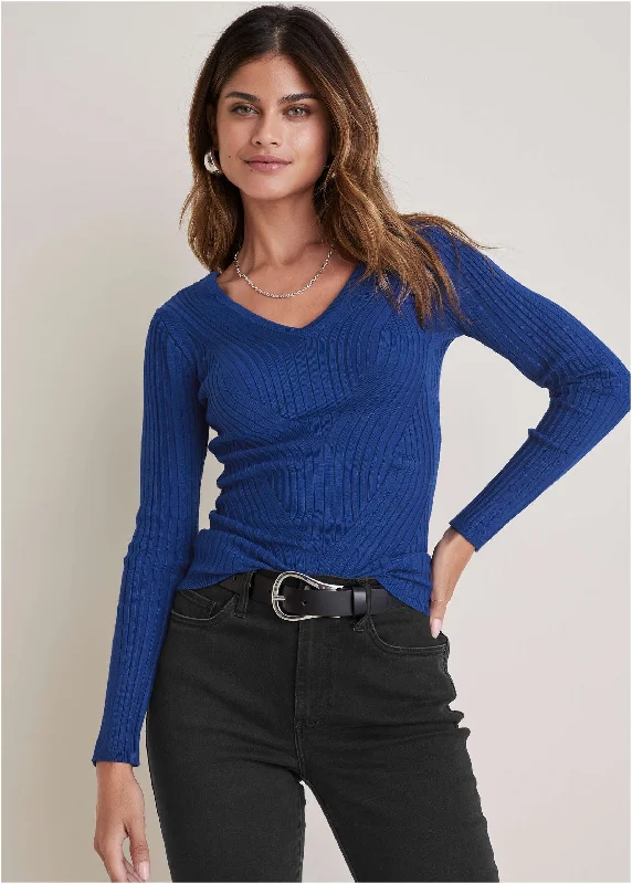 women’s professional dresses for office attire -Ribbed Knit V-Neck Sweater  - Sodalite Blue