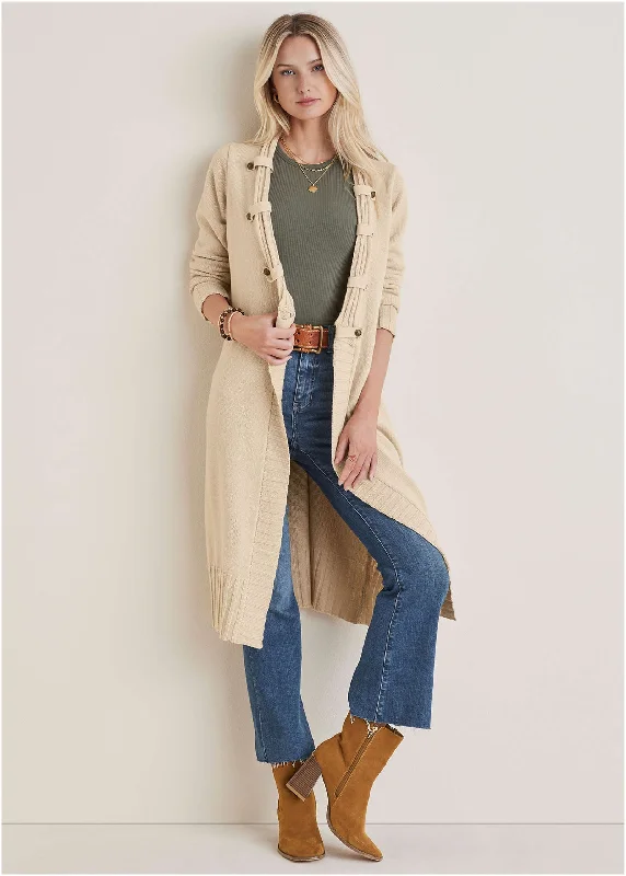 women’s stylish outerwear for chilly days -Button Detail Duster  - Oatmeal