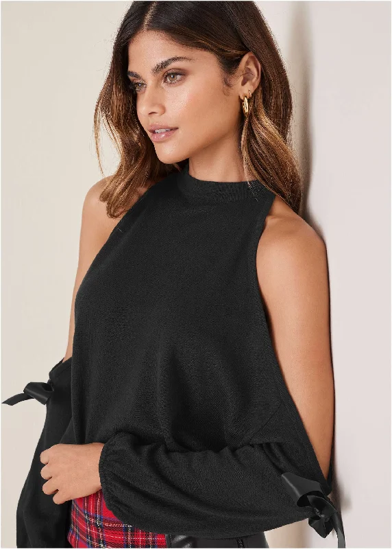 women’s classic blouses for everyday wear -Cold Shoulder Bow Sweater - Black