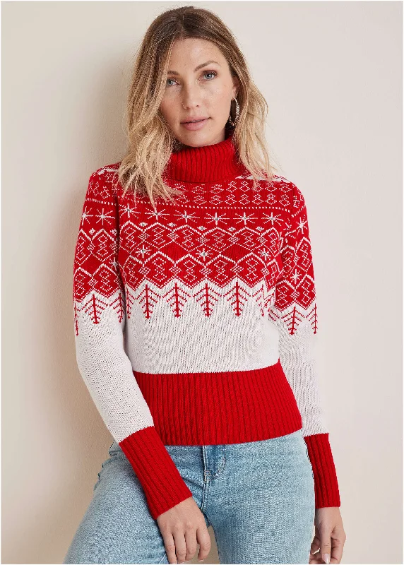 chic women’s tops for casual weekends -Embellished Holiday Sweater - Red Snowflake Multi