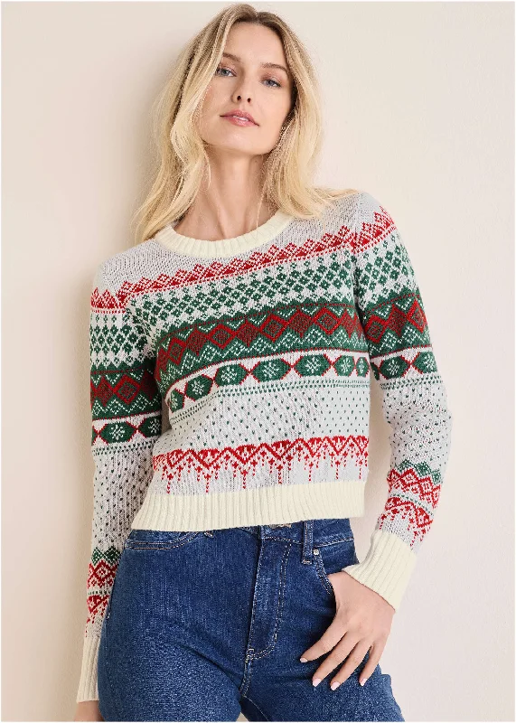 cozy women’s outerwear for winter fashion -Fair Isle Sweater - Red & Green Multi