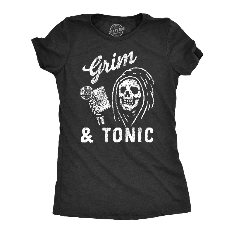 women’s classic blouses for everyday wear -Womens Grim And Tonic T Shirt Funny Spooky Halloween Reaper Mixed Drink Joke Tee For Ladies