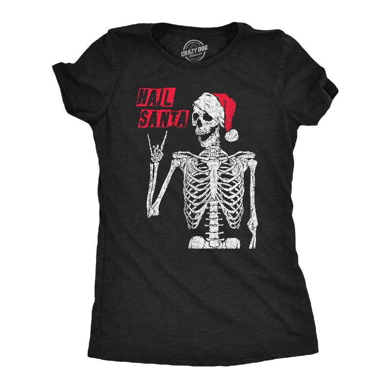 casual jackets for women’s street style -Womens Hail Santa T Shirt Funny Xmas Skeleton Metal Horns Joke Tee For Ladies