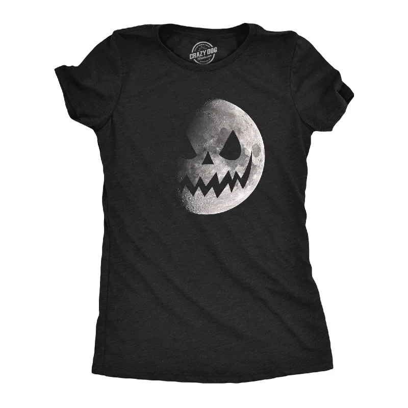 versatile sweaters for women’s casual style -Womens Moon Jack O Lantern T Shirt Funny Spooky Lunar Phases Scary Face Tee For Ladies