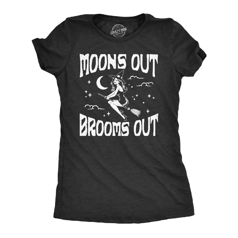 women’s chic shirts for casual work wear -Womens Moons Out Brooms Out T Shirt Funny Halloween Witch Flying Broomstick Joke Tee For Ladies