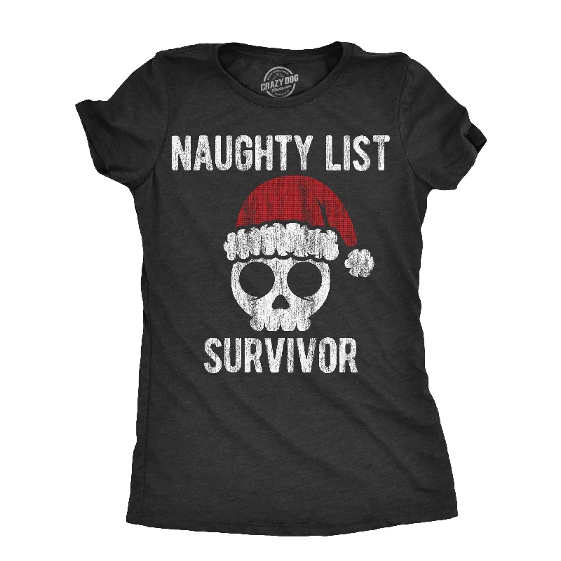 women’s trendy tops for active days -Womens Naughty List Survivor T Shirt Funny Xmas Santa Claus Bad Behavior Joke Tee For Ladies