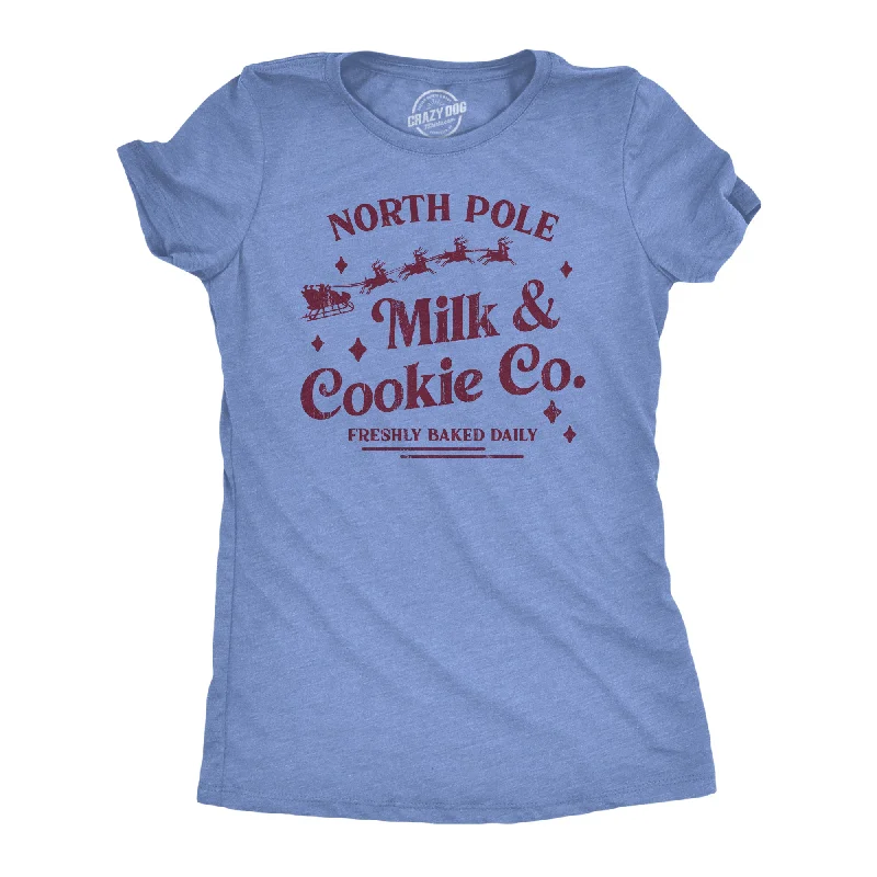 casual jackets for women’s street style -Womens North Pole Milk And Cookie Co T Shirt Funny Xmas Bakery Shop Joke Tee For Ladies