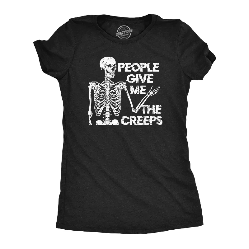 casual tops for women’s everyday wardrobe -Womens People Give Me The Creeps Skeleton T Shirt Funny Halloween Scary Dead Introverted Joke Tee For Ladies