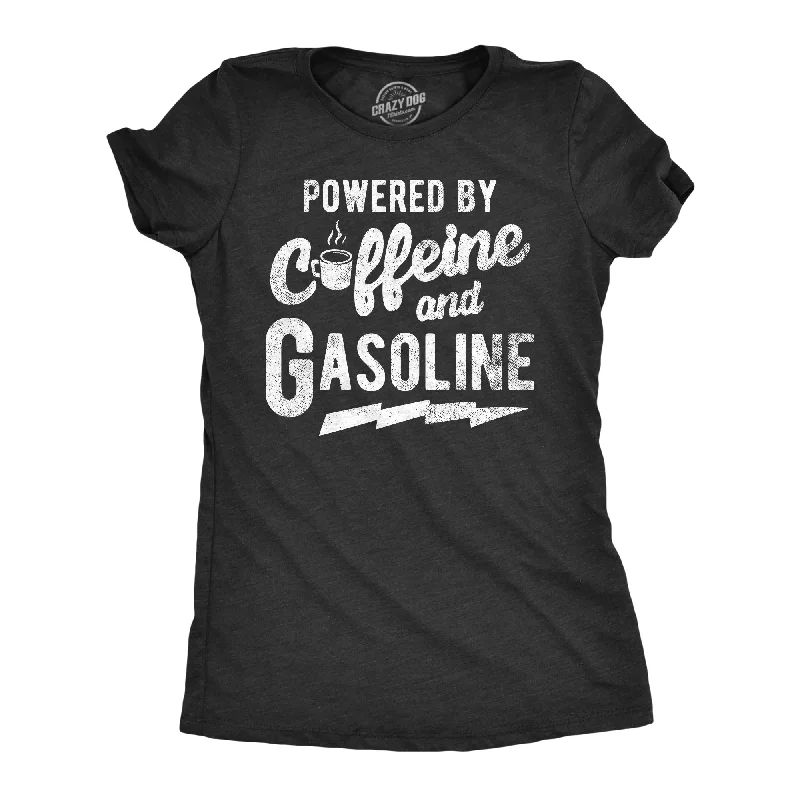 fashionable women’s coats for stylish looks -Womens Powered By Caffeine And Gasoline T Shirt Funny Coffee Mechanic Joke Tee For Ladies