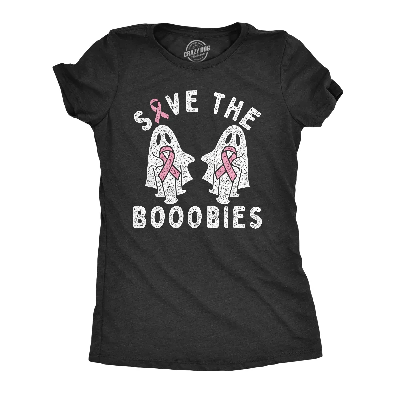 cozy women’s outerwear for winter fashion -Womens Save The Booobies T Shirt Awesome Halloween Breast Cancer Awareness Ghost Tee For Ladies