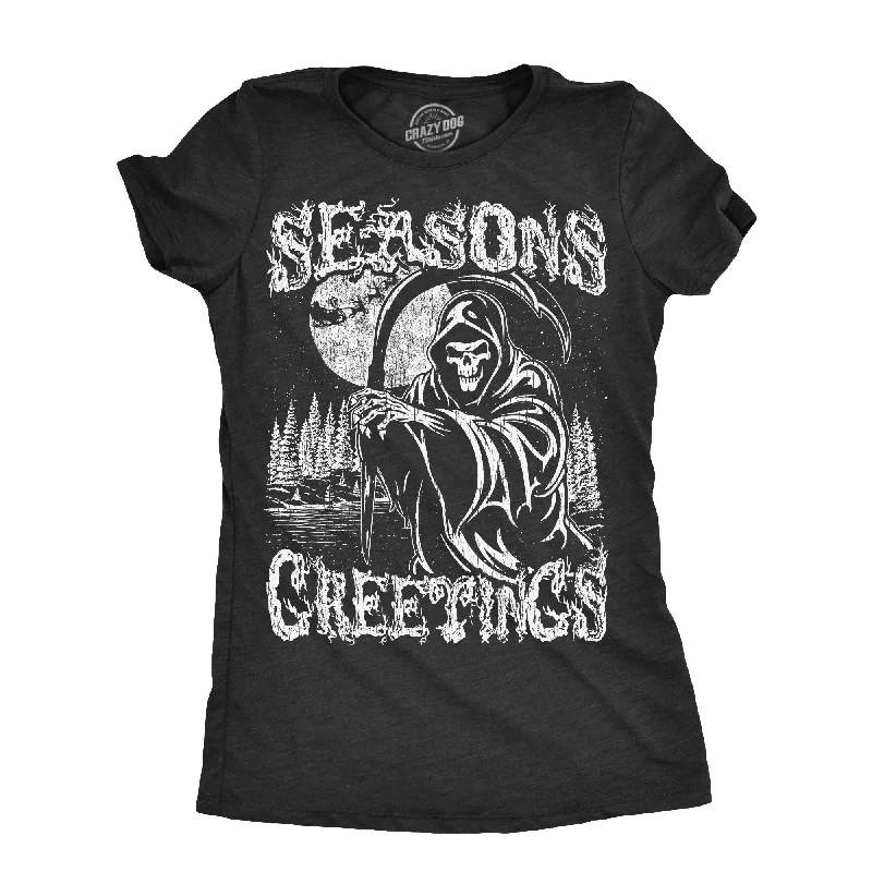 stylish women’s coats for rainy weather -Womens Seasons Greetings T Shirt Funny Xmas Scary Grim Reaper Joke Tee For Ladies