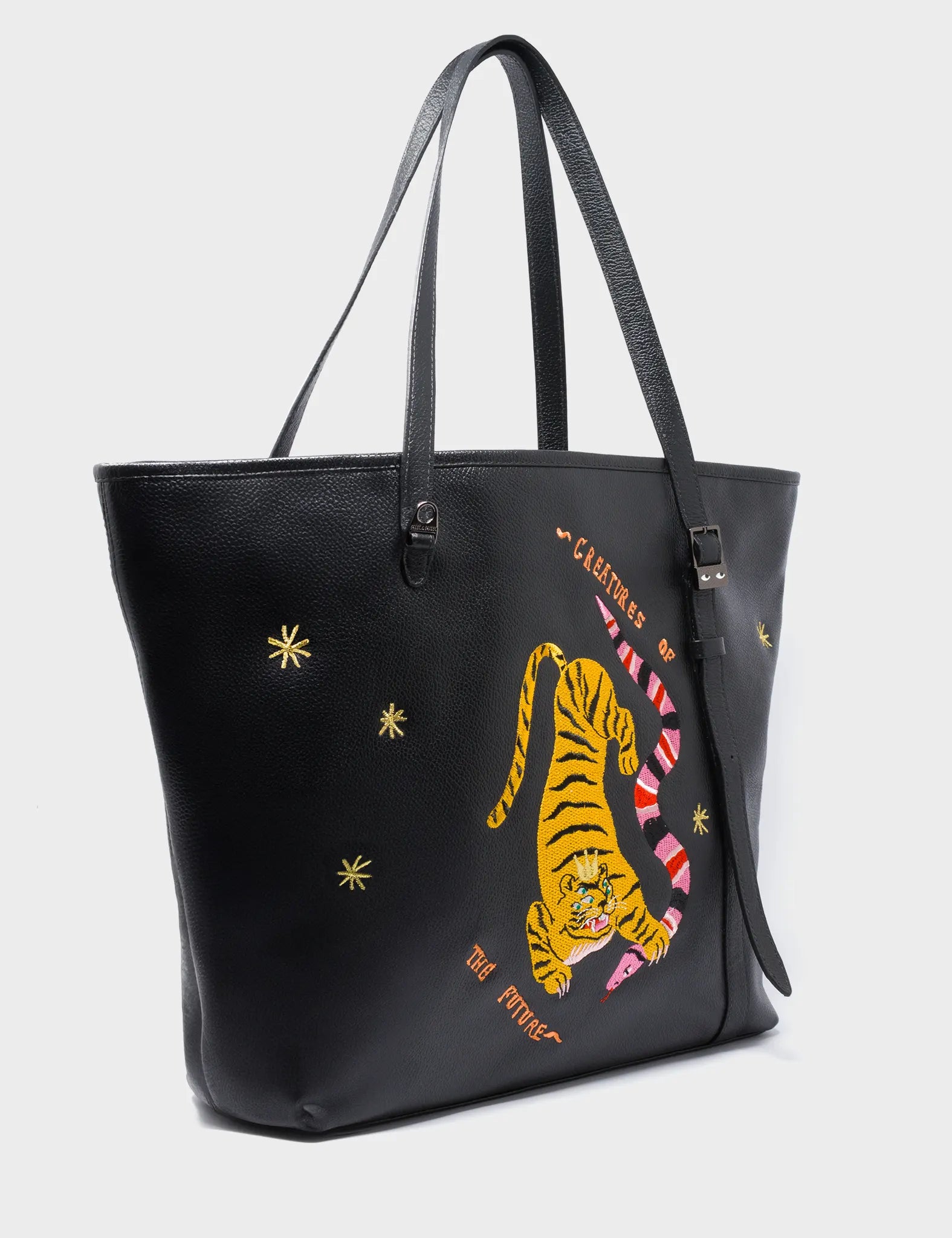 women’s bags with bold, vibrant colors -Bruno Black Leather Tote Bag - Creatures of the Future Embroidery