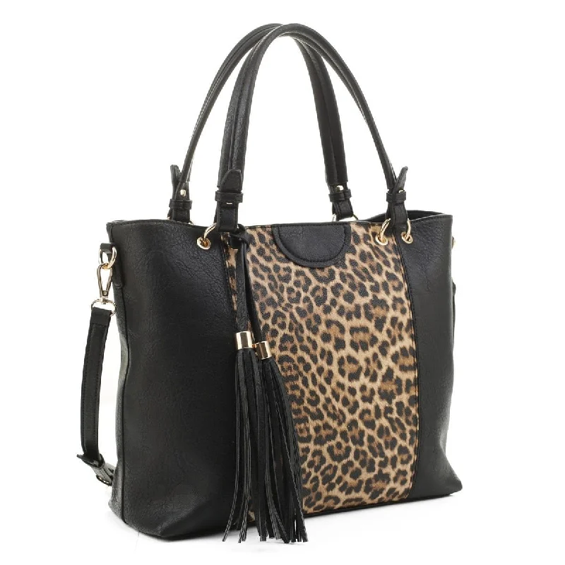 casual bags for women with functional designs -EJ91503L Leopard Fashion Tote With Tassel