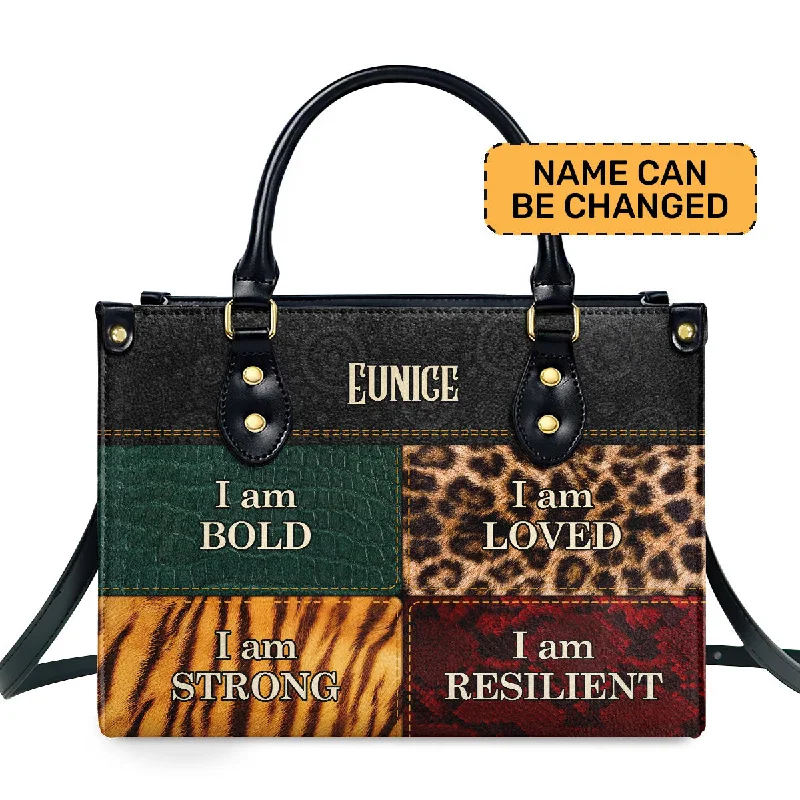 luxury women’s bags for special occasions -I am BOLD, LOVED, STRONG, RESILIENT - Personalized Leather Handbag STB49A