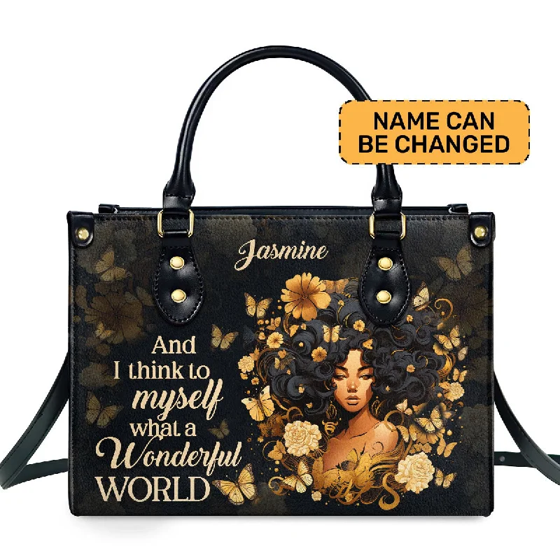 chic women’s bags with gold hardware -I Think To Myself What A Wonderful World - Personalized Leather Handbag STB20