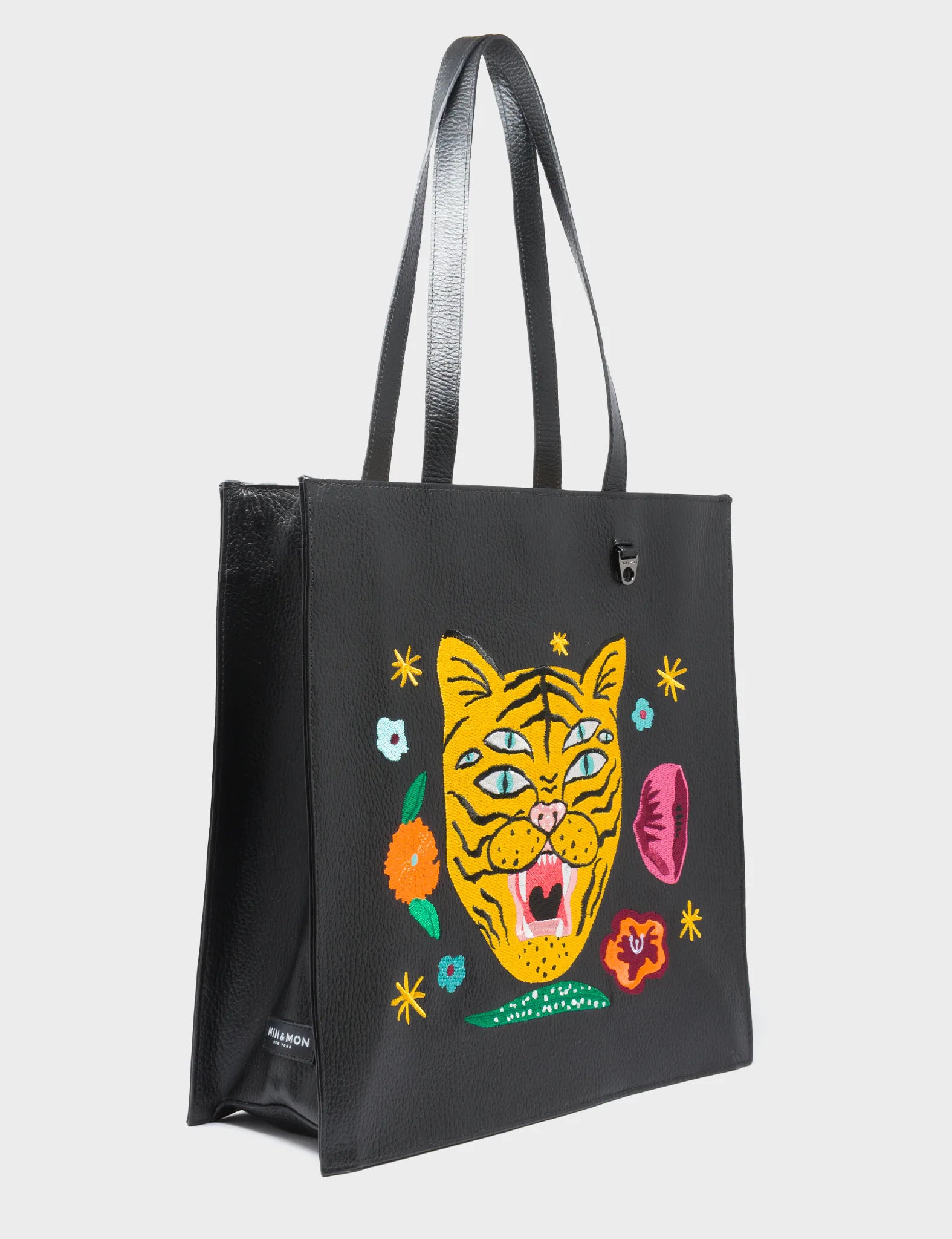 casual crossbody bags for women on the go -Marko Black Leather Tote Bag - Tiger and Flowers Embroidery