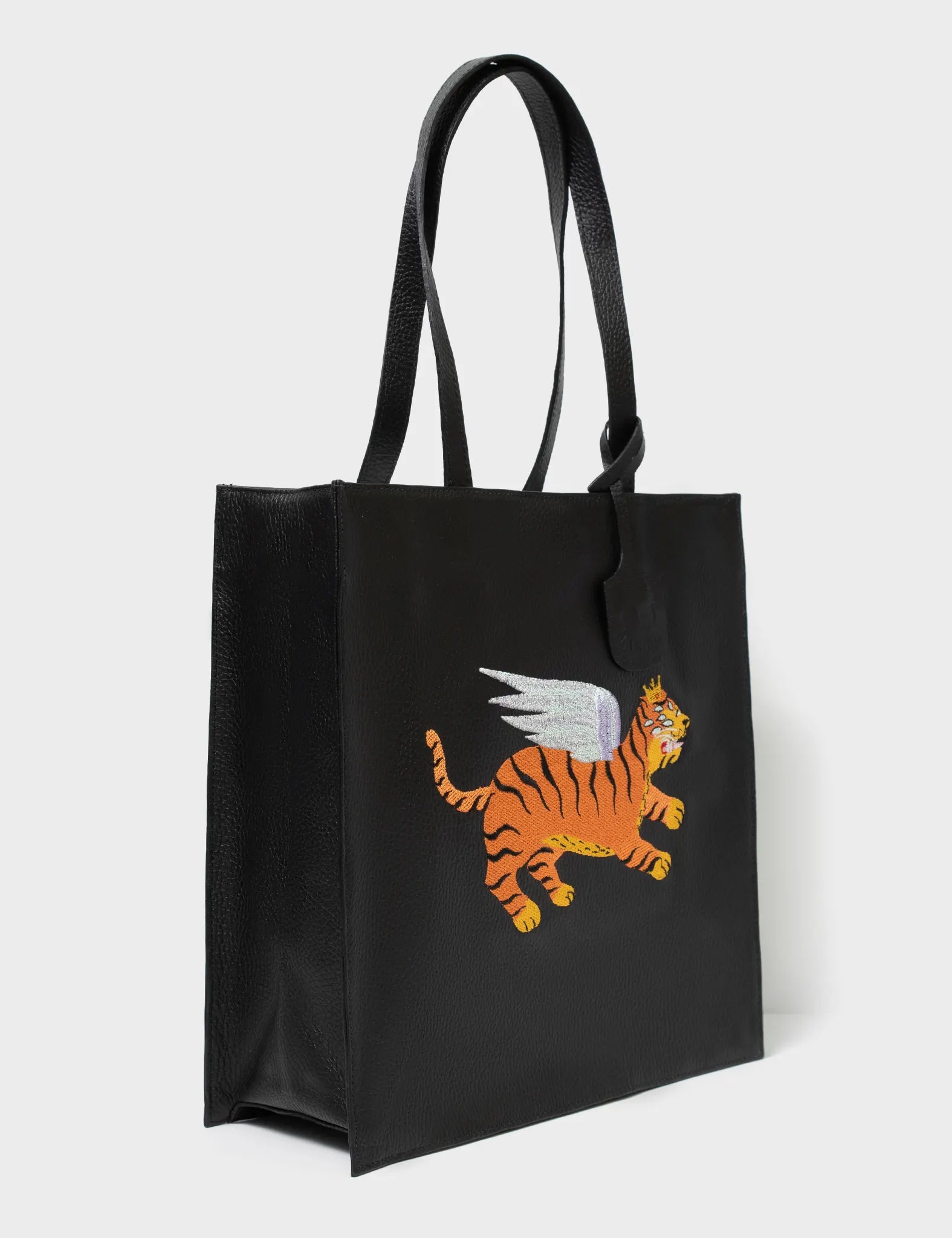 comfortable women’s bags for travel -Marko Black Leather Tote Bag - Flying Tiger Embroidery